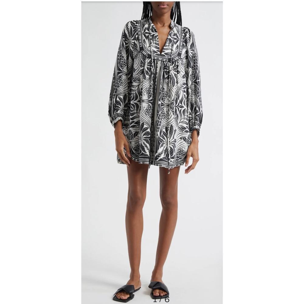 Farm Rio Scarf Print Long Sleeve Linen Blend Minidress Black White SZ XS